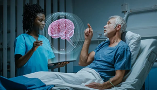 Nurse talking with patient with superimposed brain scan in foreground.
