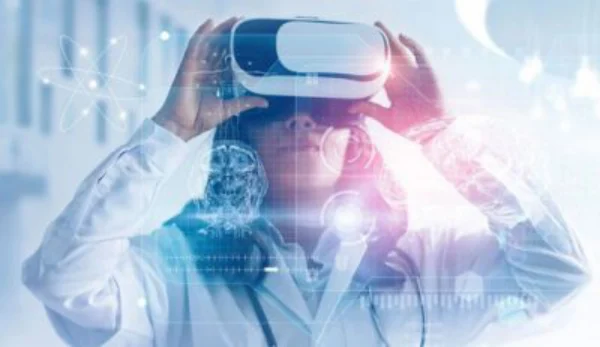 Nurse professional looking through innovative technology to analyze data.